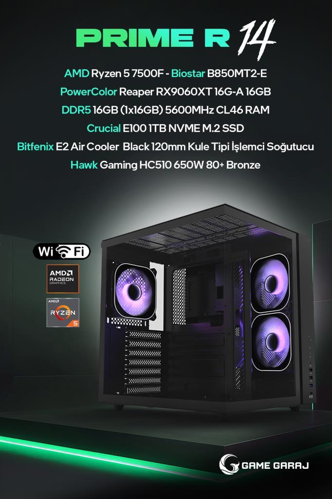 AMD Ryzen 5, Biostar B850MT2-E ve PowerColor RX9060XT donanımlı, RGB fanlı siyah kasalı Prime R14 oyuncu bilgisayarı.
