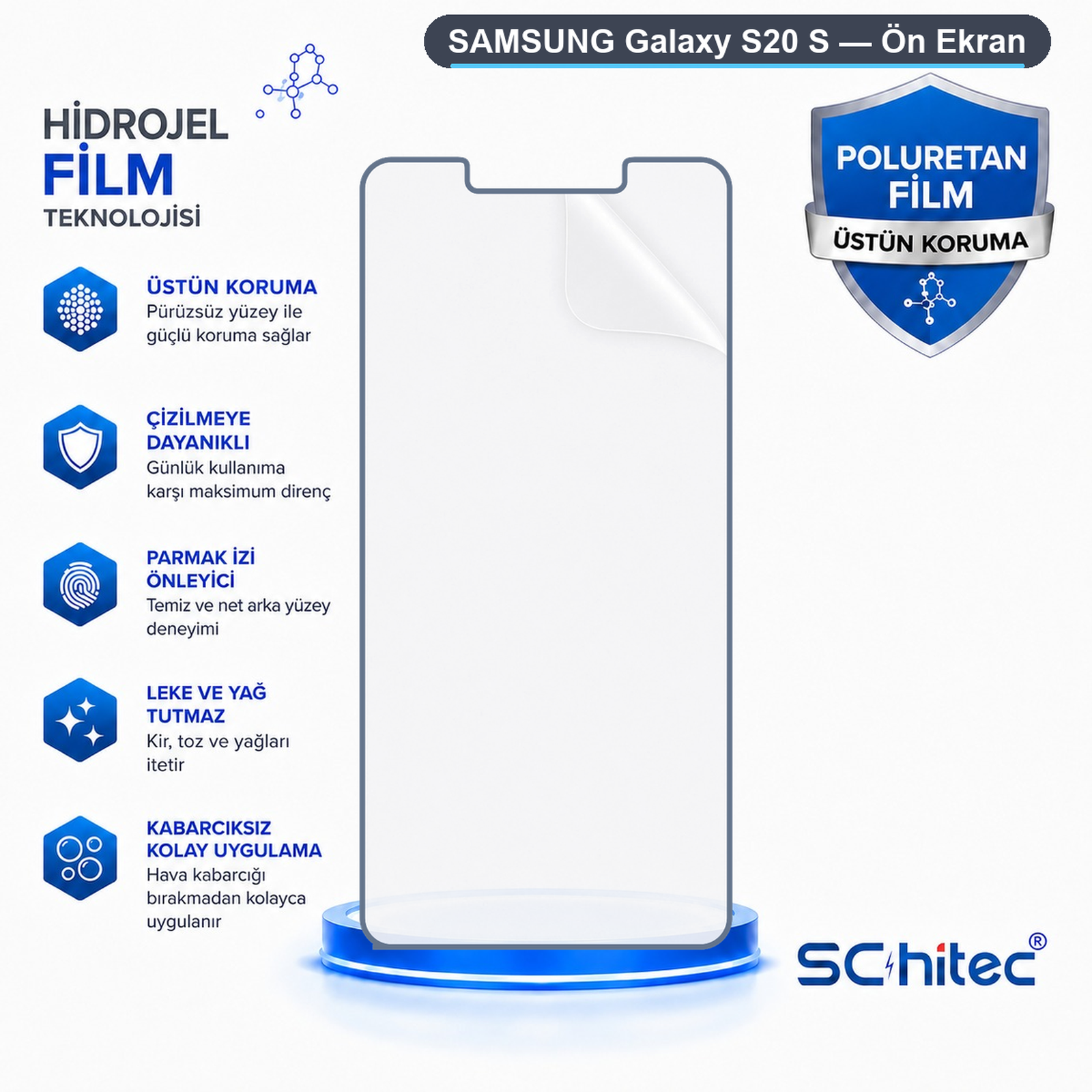 Samsung Galaxy S20 S hidrojel ekran koruyucu için koruyucu simgeler ve metin içeren reklam.