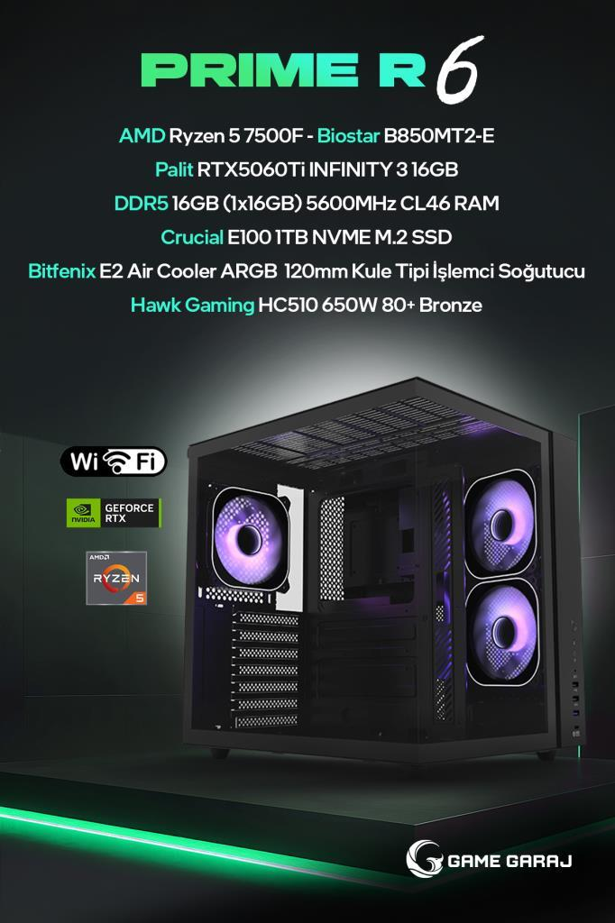 Teknik özellikleri listeleyen ve mor yanan fanlara sahip siyah bir kasayı gösteren Prime R6 oyun bilgisayarı reklamı.