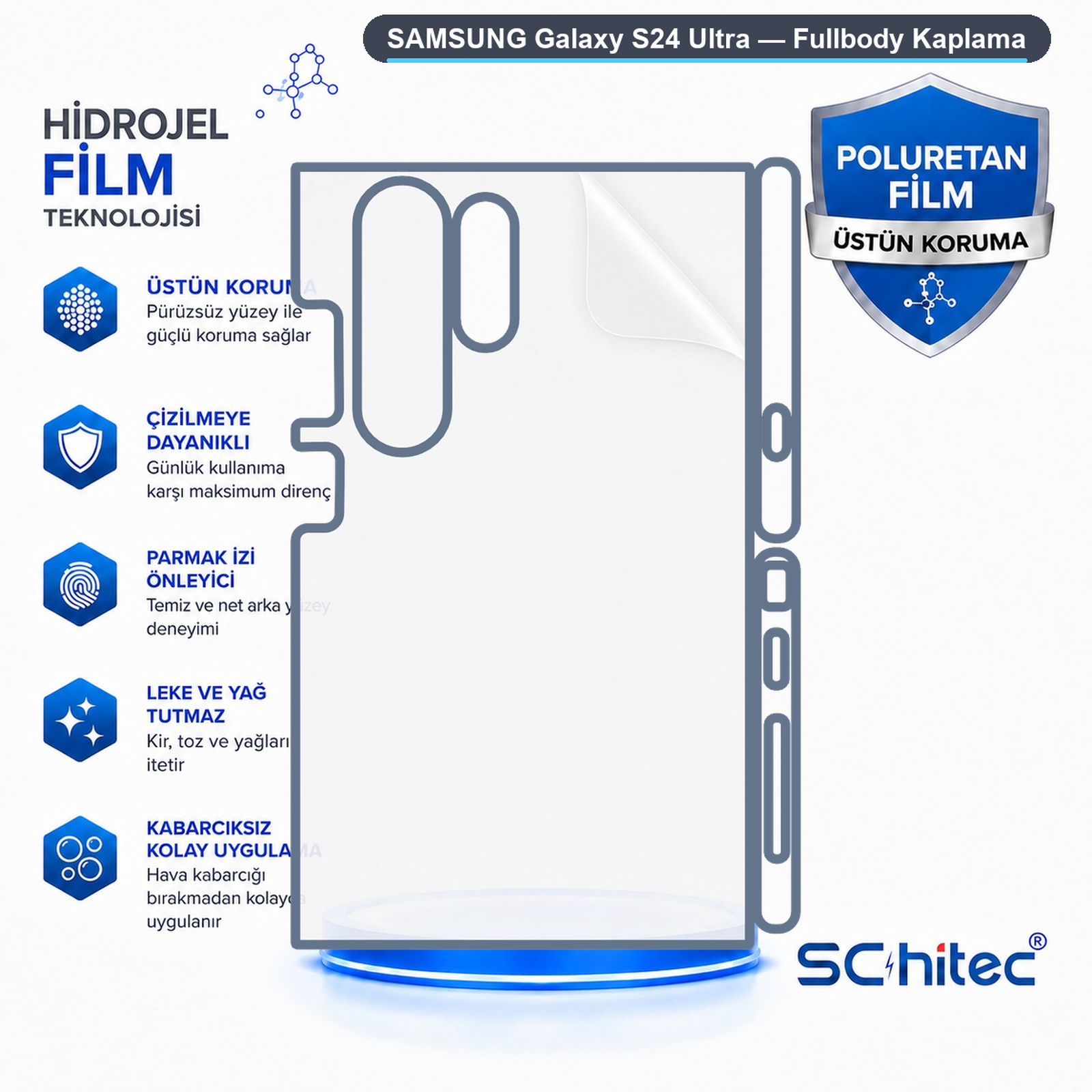 Samsung Galaxy S24 Ultra hidrojel film reklamı, koruma, çizilmeye ve parmak izine karşı dayanıklılık özelliklerini gösterir.