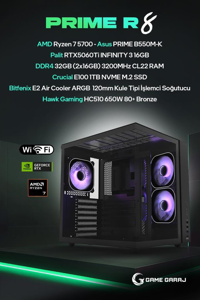 Koyu arka planda AMD Ryzen 7, RTX grafik ve RGB fanlara sahip Prime R8 oyuncu bilgisayarı.