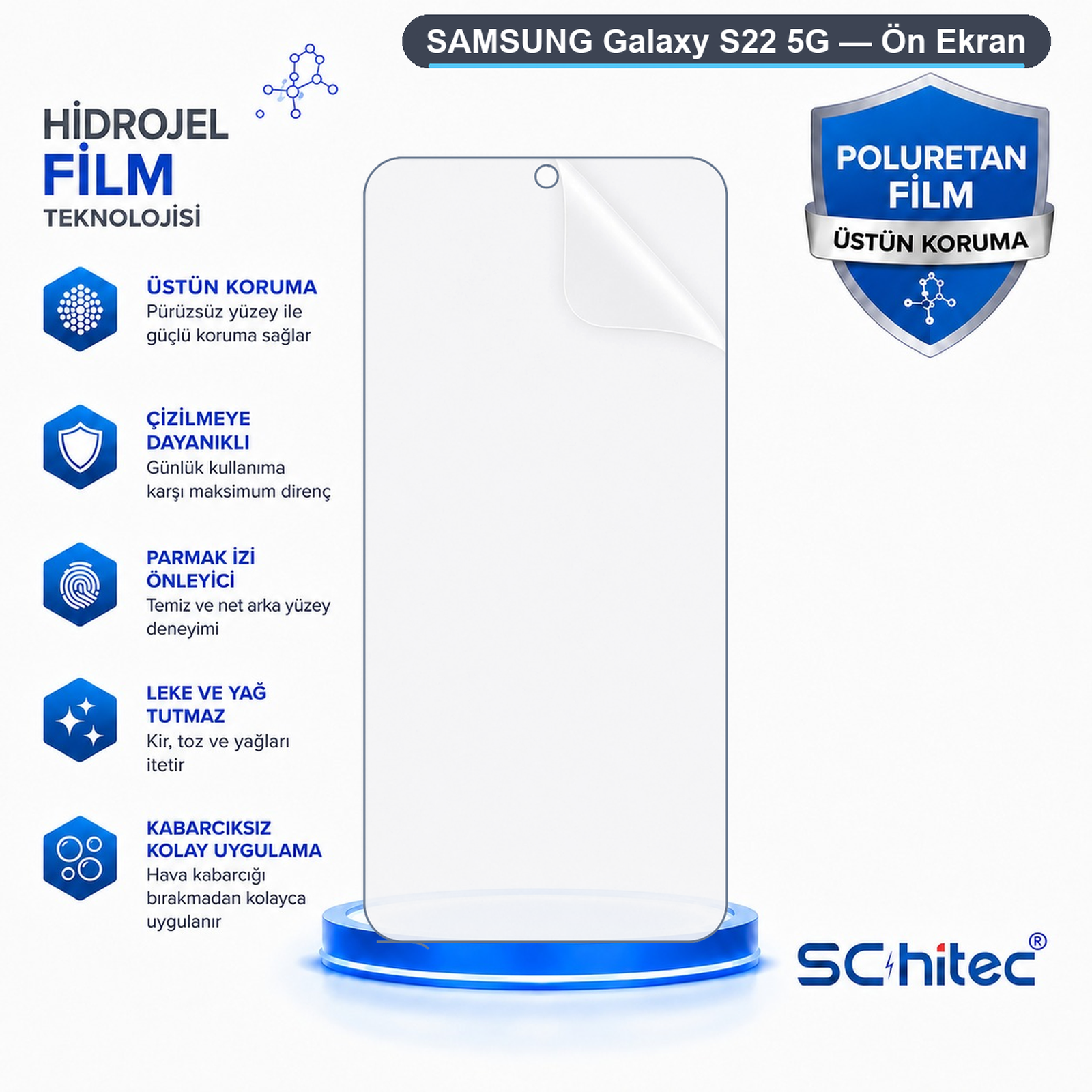 Samsung Galaxy S22 5G hidrojel ekran koruyucu özelliklerini gösteren bir infografik.