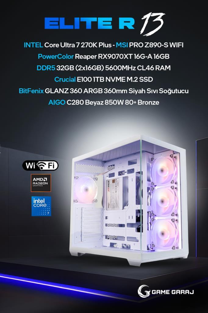 Karanlık arka planda aydınlatmalı fanları, parça listesi ve logolarıyla beyaz ELITE R 13 oyuncu bilgisayarı.