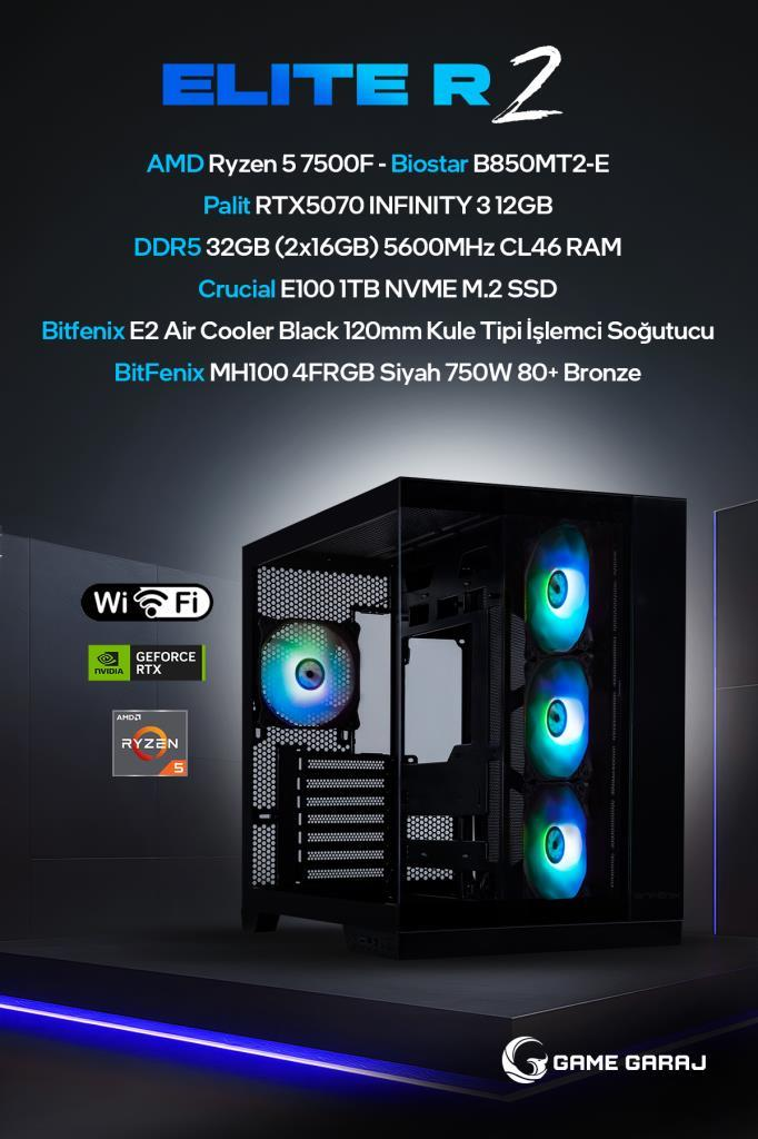 Karanlık arka planda RGB fanlı ve özellik listeli Elite R2 oyuncu bilgisayarı.