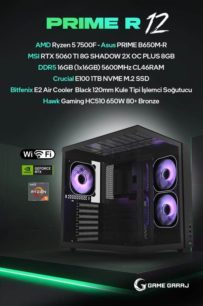 AMD Ryzen 5, RTX 5060 Ti, 16GB RAM ve 1TB SSD'ye sahip Prime R12 oyun bilgisayarı, mor LED'lerle aydınlatılmış.