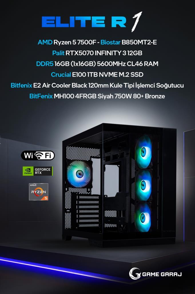 RGB fanlı siyah oyun kasası ve üstte mavi donanım özellikleri.