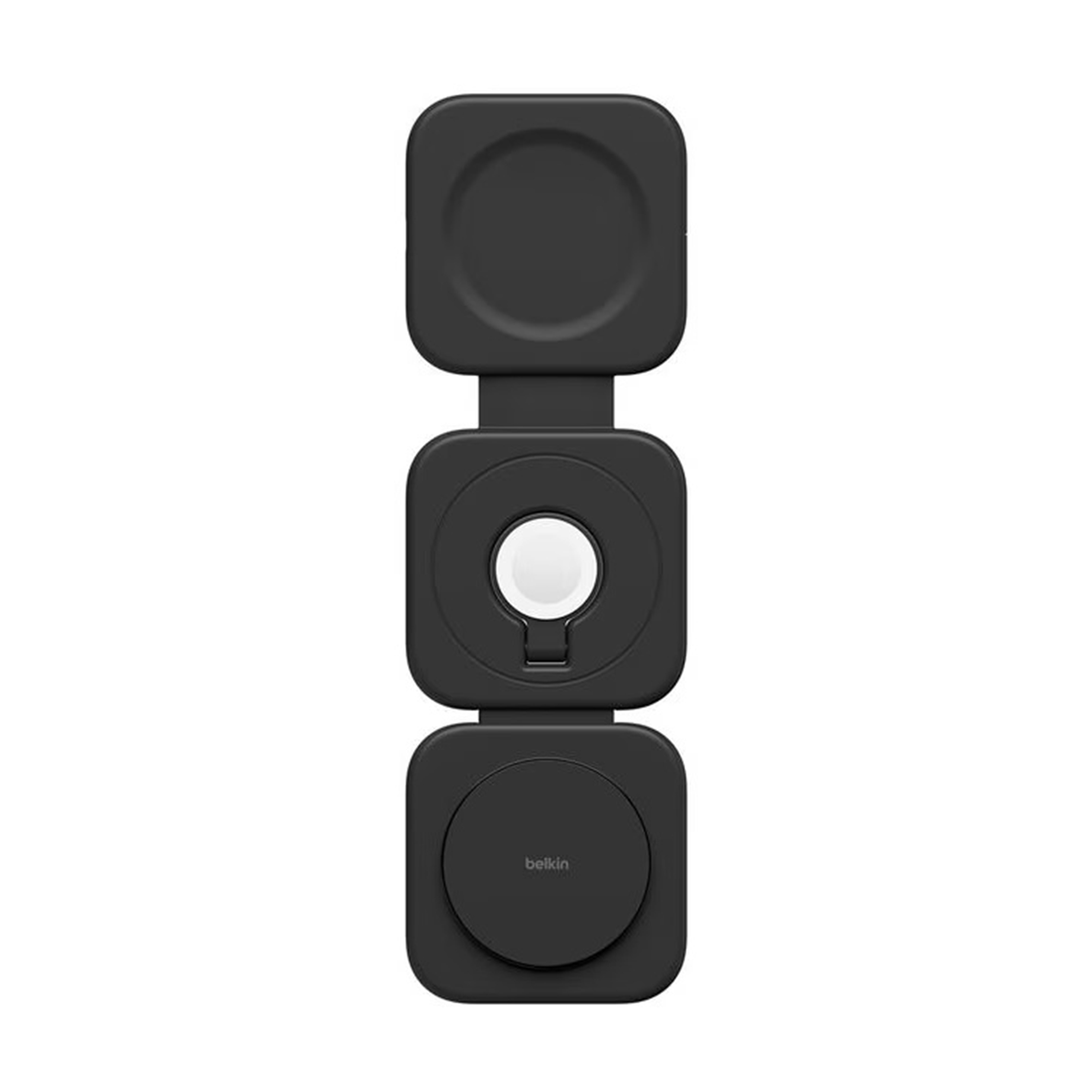Een zwarte, opvouwbare 3-in-1 draadloze oplader van Belkin verticaal weergegeven.