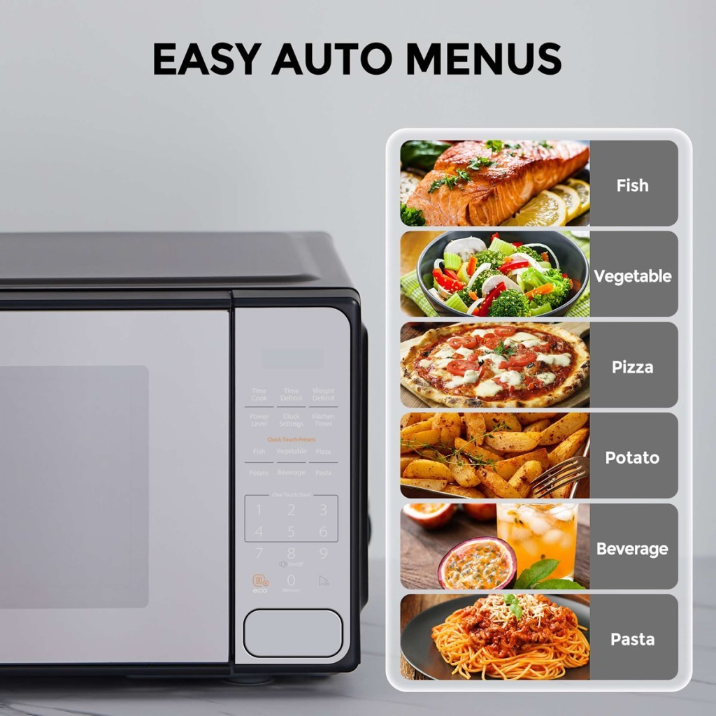 Balık, sebze, pizza, patates, içecek ve makarna menülerini gösteren ekranın yanında siyah mikrodalga.