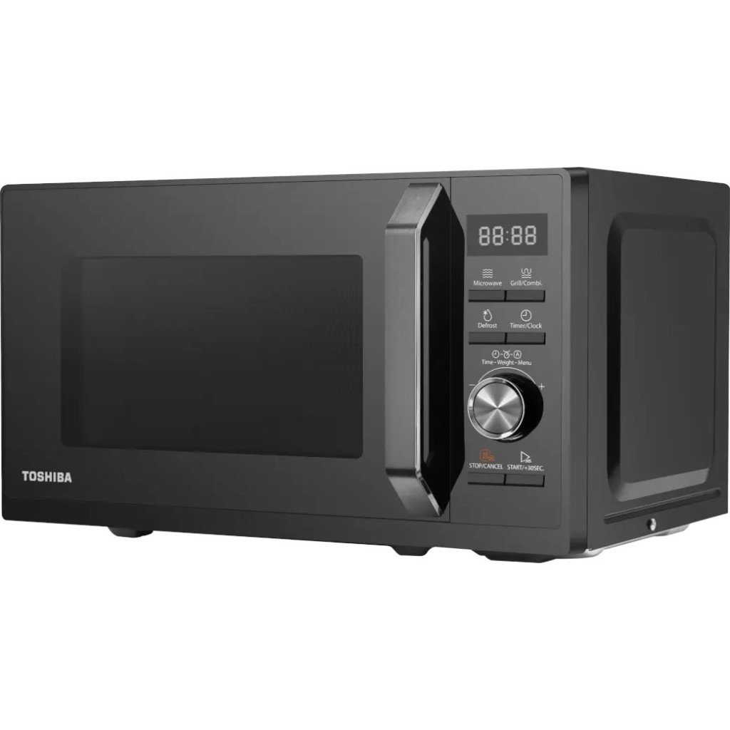 Kapının yanındaki kontrol panelinde dijital ekran, düğmeler ve gümüş renkli bir kadran bulunan siyah Toshiba mikrodalga.