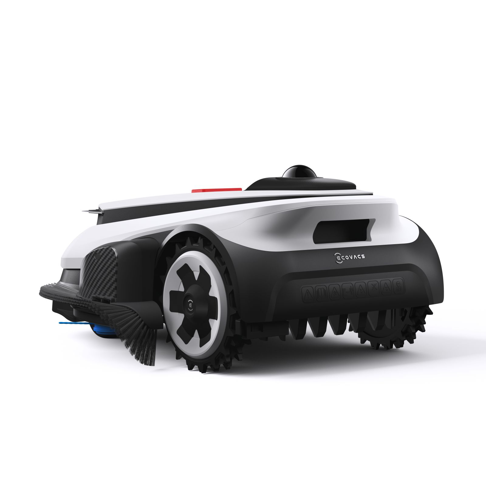 Weiß-schwarzer Mähroboter mit grobstolligen Rädern und rotierender Bürste vor weißem Hintergrund.