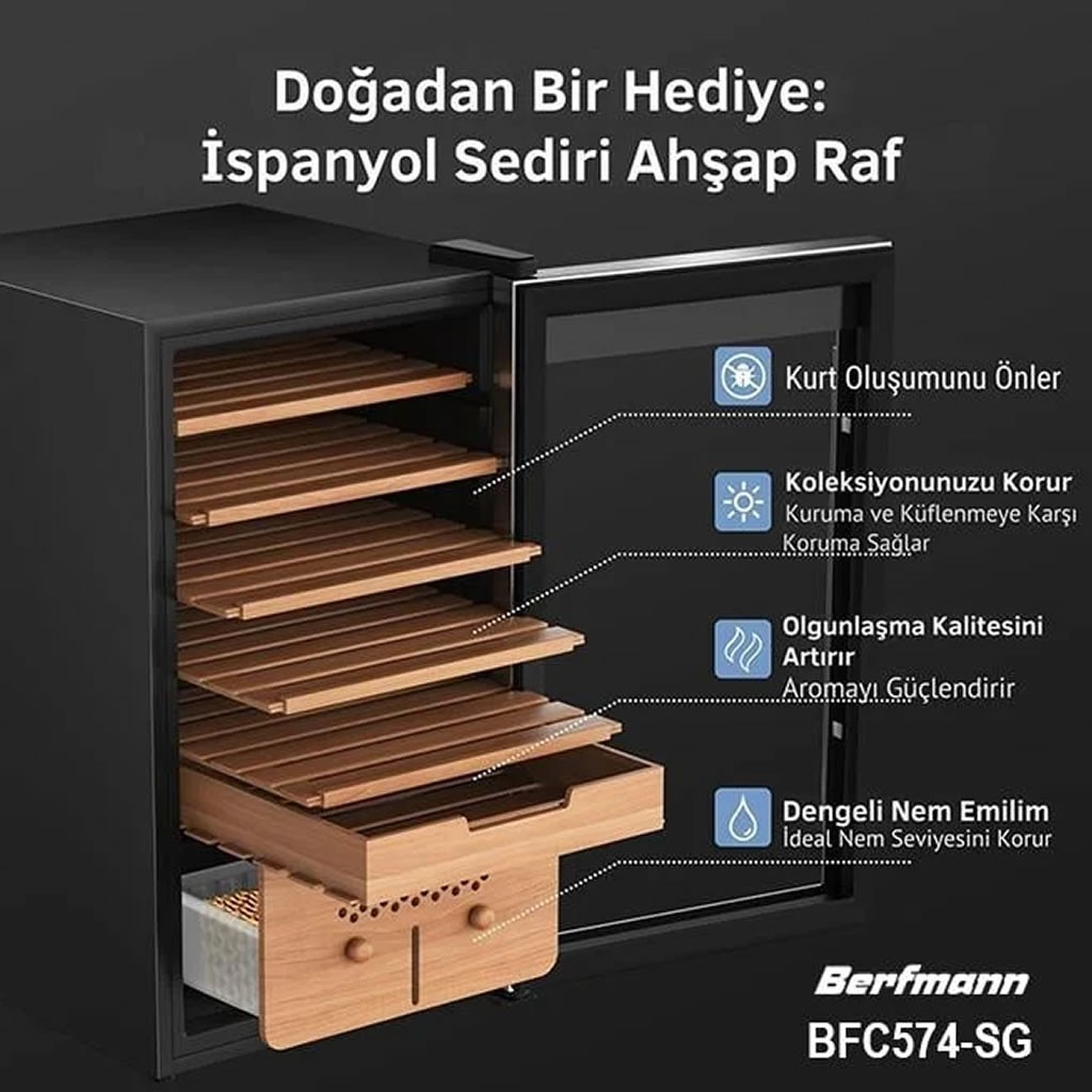Koyu arka planda açık ahşap rafları, cam kapısı ve özellik infografikleri olan siyah bir puro humidoru.