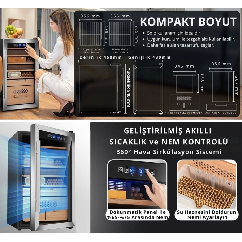 Kompakt boyutlu, dijital kontrol panelli ve hava sirkülasyonlu şarap soğutucu.