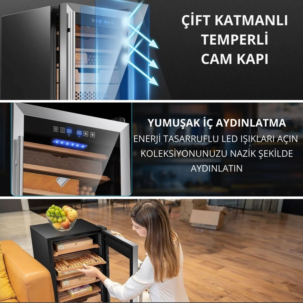 Cam kapılı, LED ışıklı ve açan bir kadının yer aldığı bir şarap soğutucusu.