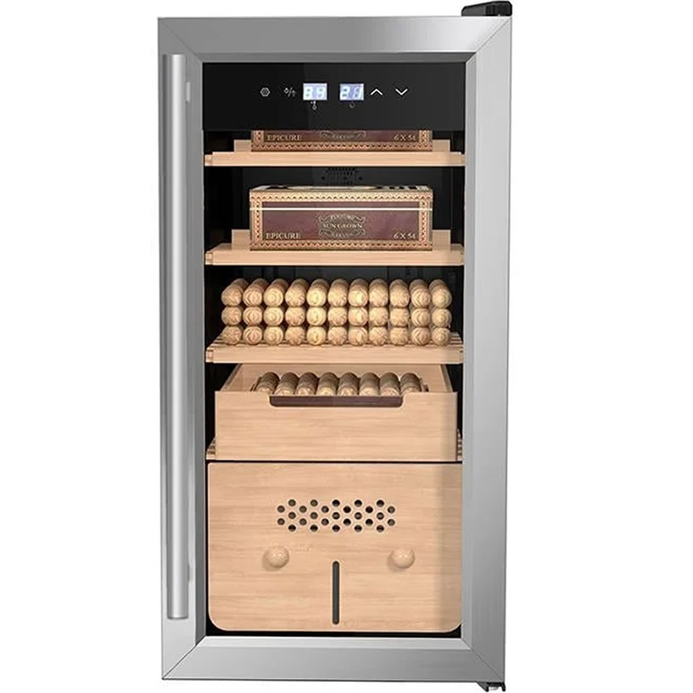 Cam kapılı, ahşap raflı, puro kutulu ve dijital kontrol panelli gümüş renkli humidor.