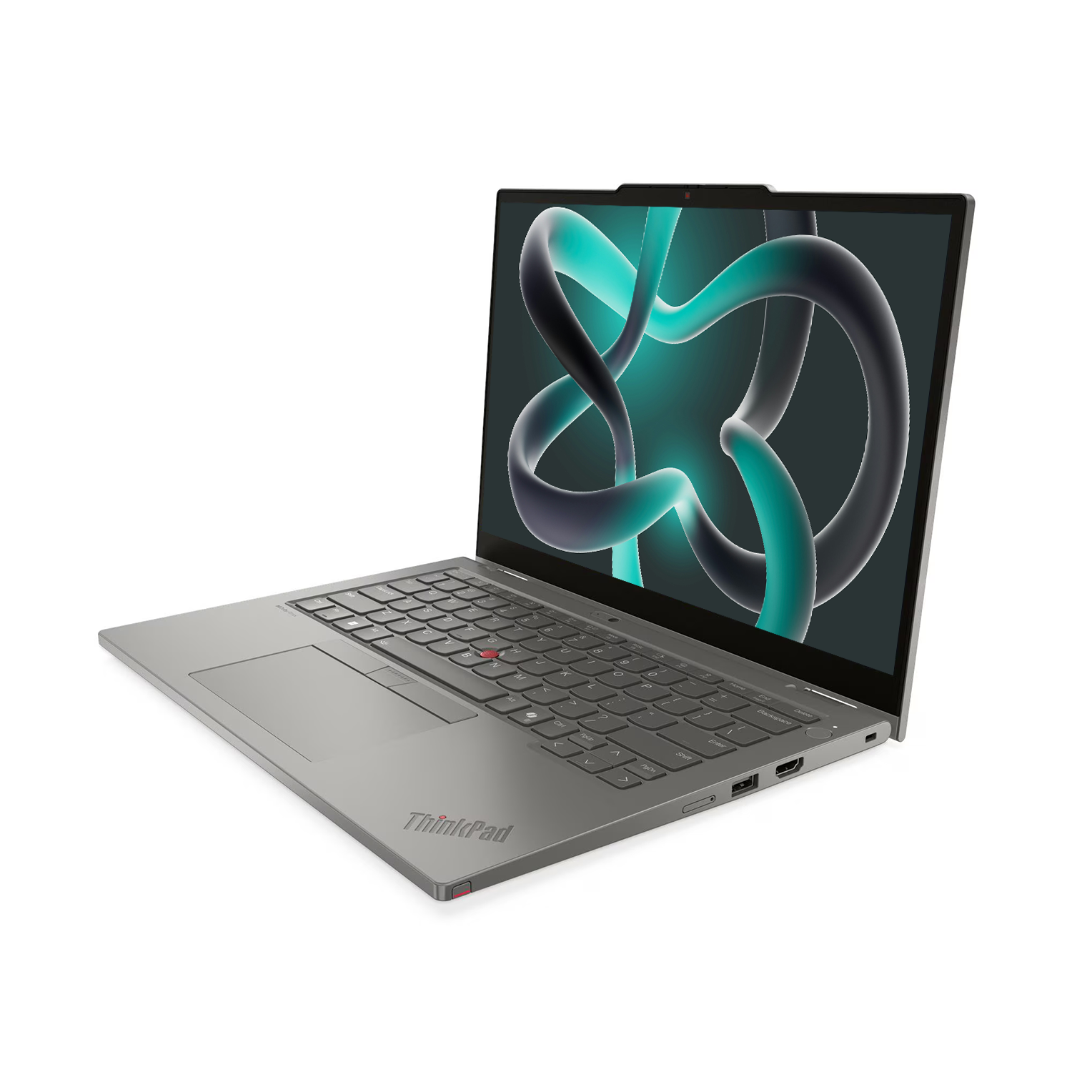 Açık ekrana sahip gümüş renkli bir ThinkPad dizüstü bilgisayar, soyut turkuaz bir grafik gösteriyor.