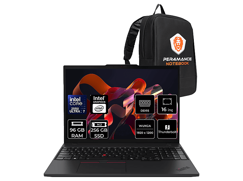LENOVO TP T16 FHD+ 21QFS2PD00P341 Intel Core Ultra 7 255U 96 GB RAM 256 GB SSD 16 inç FreeDOS Laptop+Çanta Siyah
