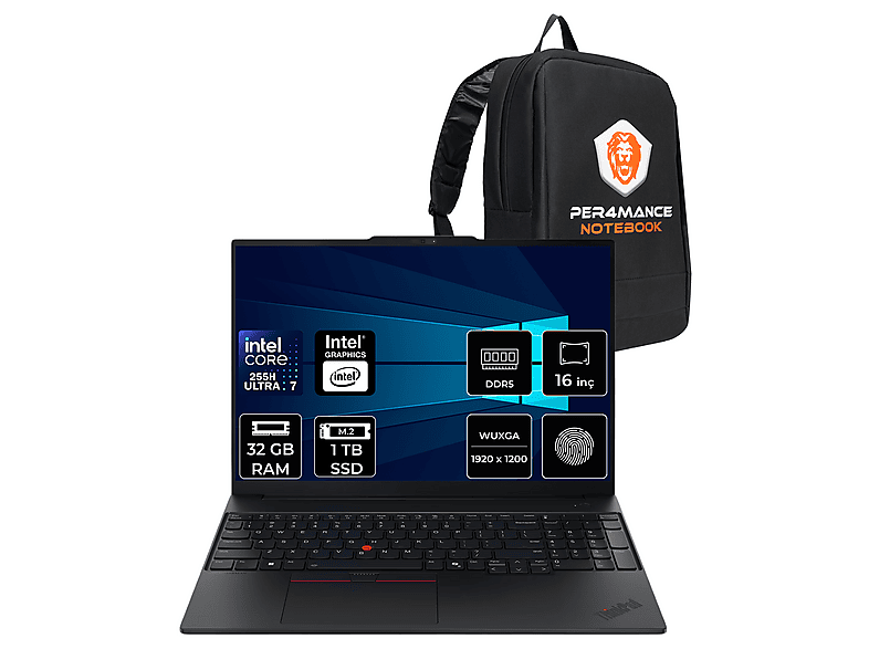LENOVO TP E16 FHD+ 21SR007VTXP318 Intel Core Ultra 7 255H 32 GB RAM 1 TB SSD 16 inç FreeDOS Laptop+Çanta Siyah