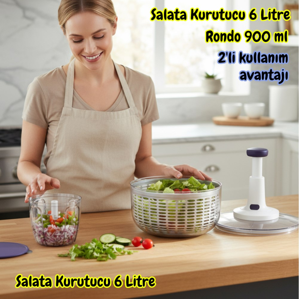 Mutfağında salata hazırlayan bir kadın, masada salata kurutucu ve rondo ile.