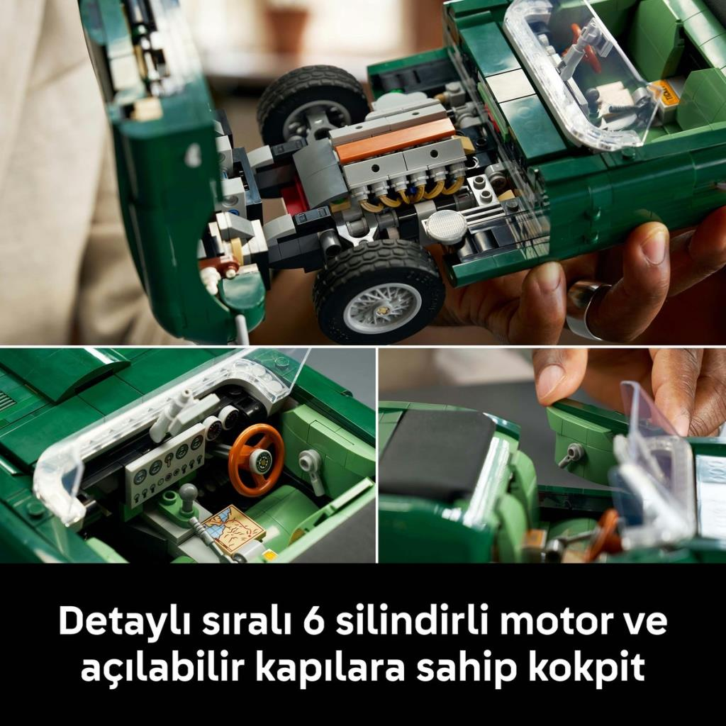 Un coche Lego verde que muestra su motor detallado, salpicadero y puertas abatibles.