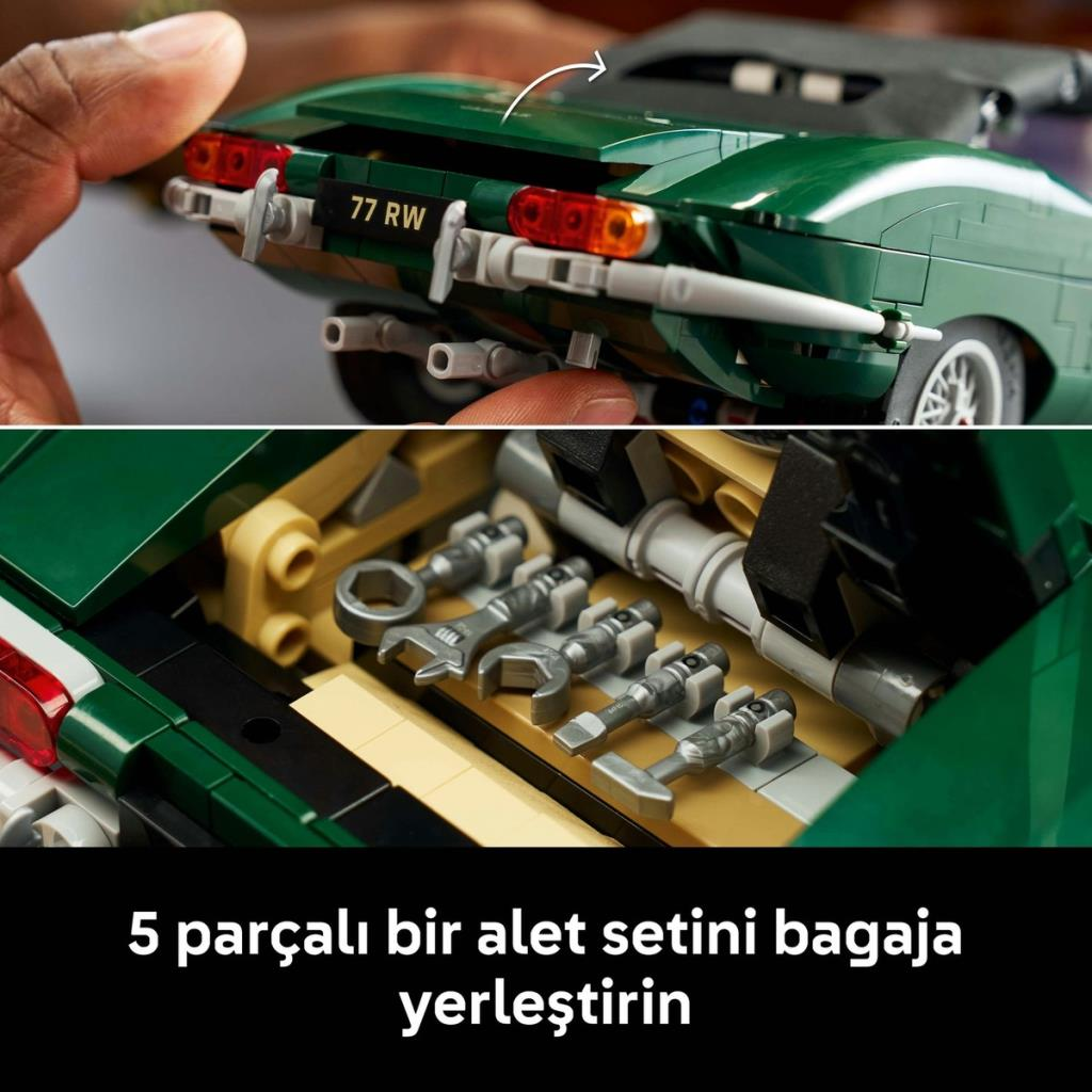 El maletero de un coche de juguete verde se abre para revelar un juego de cinco herramientas en miniatura.