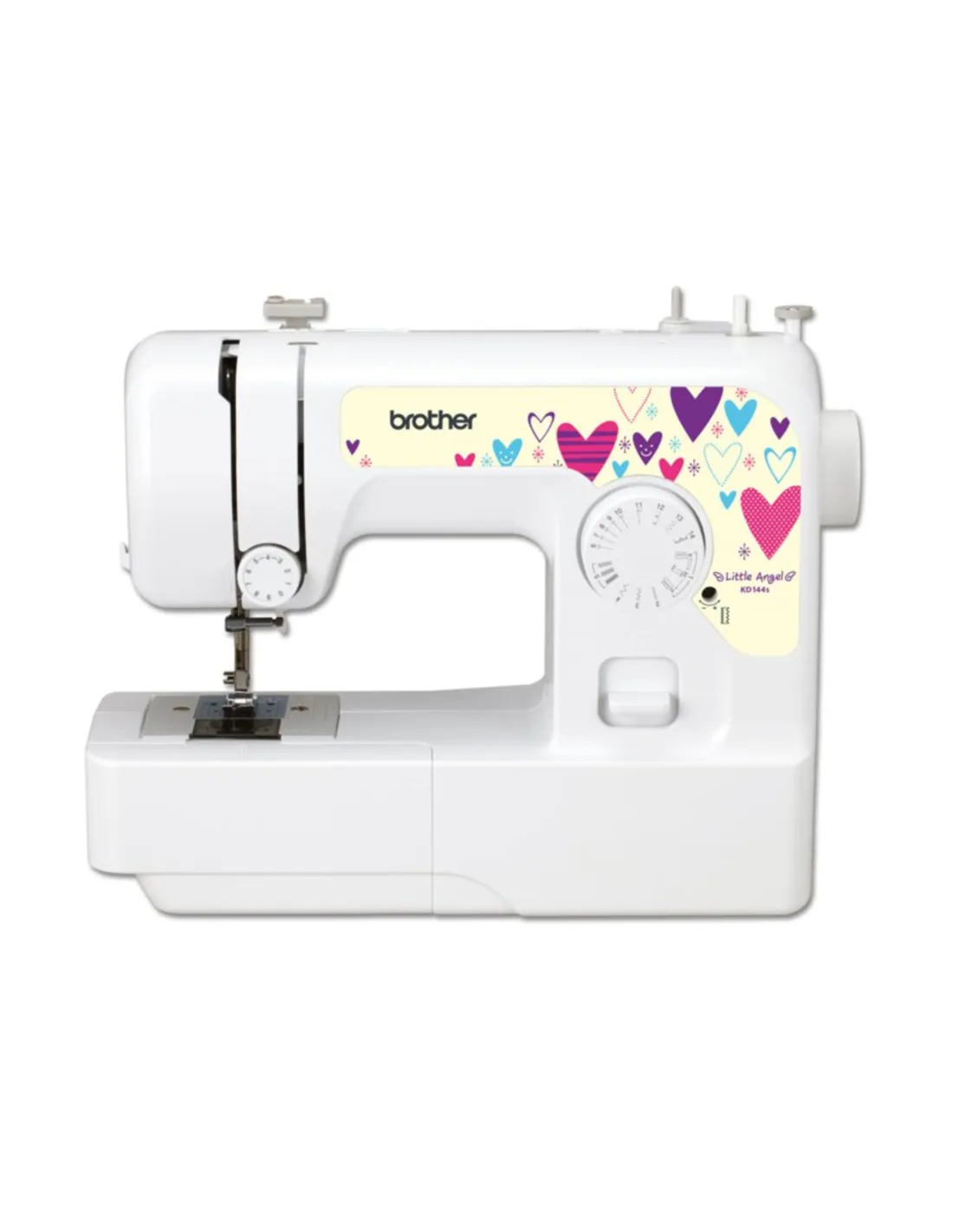 A white Brother sewing machine decorated with colorful hearts and patterns on the front, set against a white background.