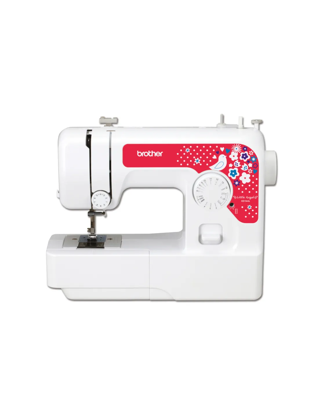 A white Brother sewing machine with red and blue floral patterns.