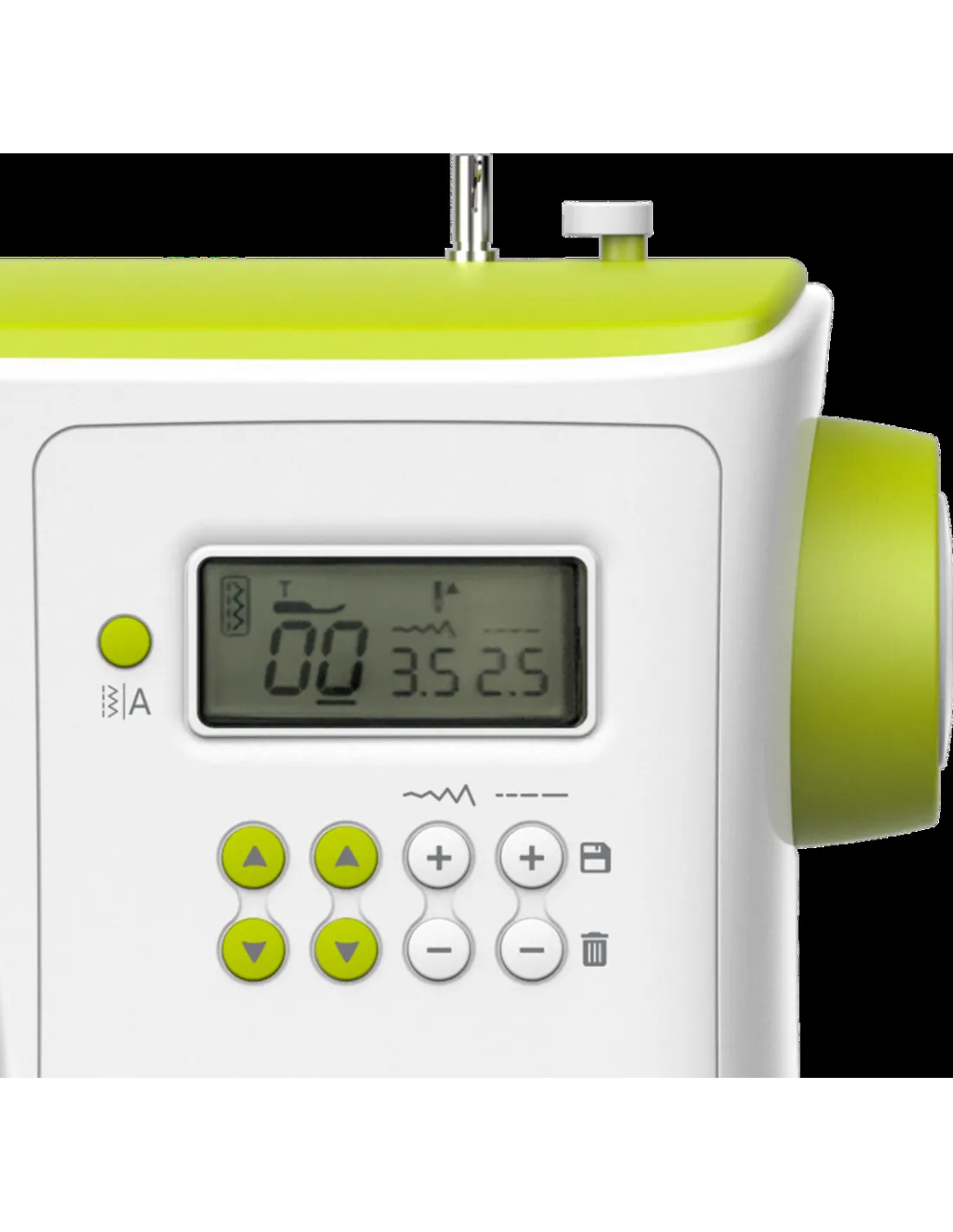 Close-up of a sewing machine with a digital display and green buttons on a white casing.