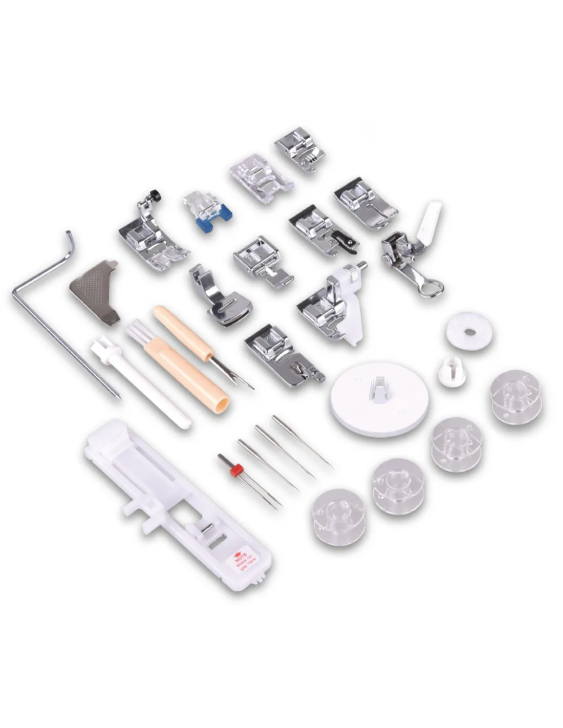 A set of various silver sewing machine feet, bobbins, needles, and tools arranged on a white background.