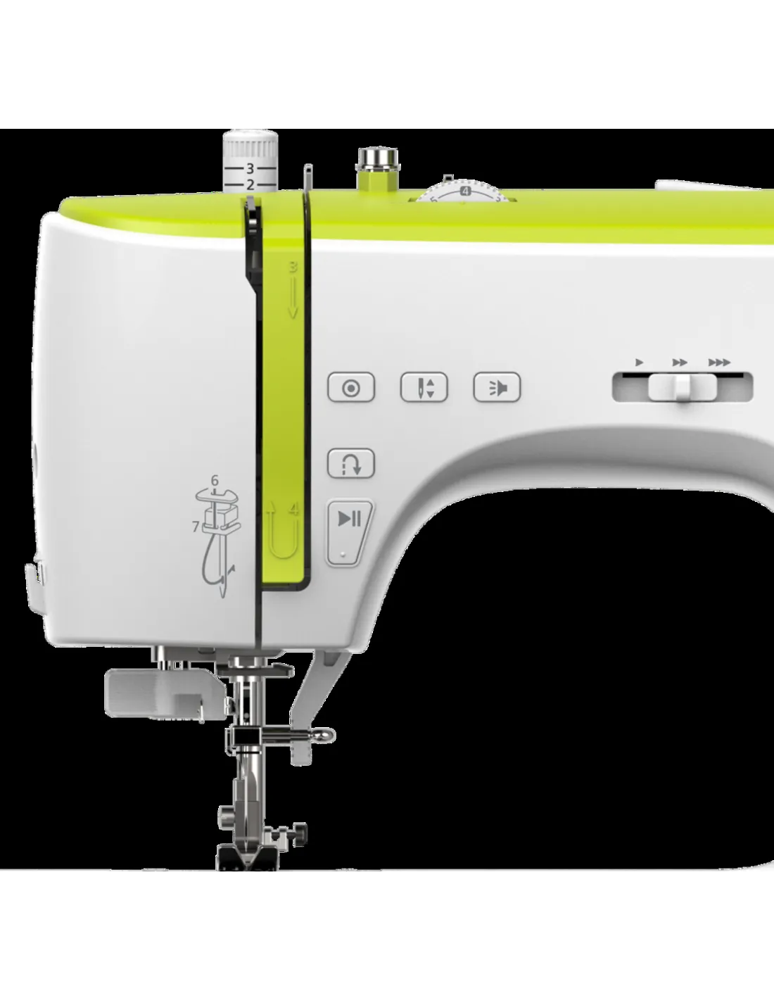 A white and lime green sewing machine features control buttons and a visible needle assembly against a black background.