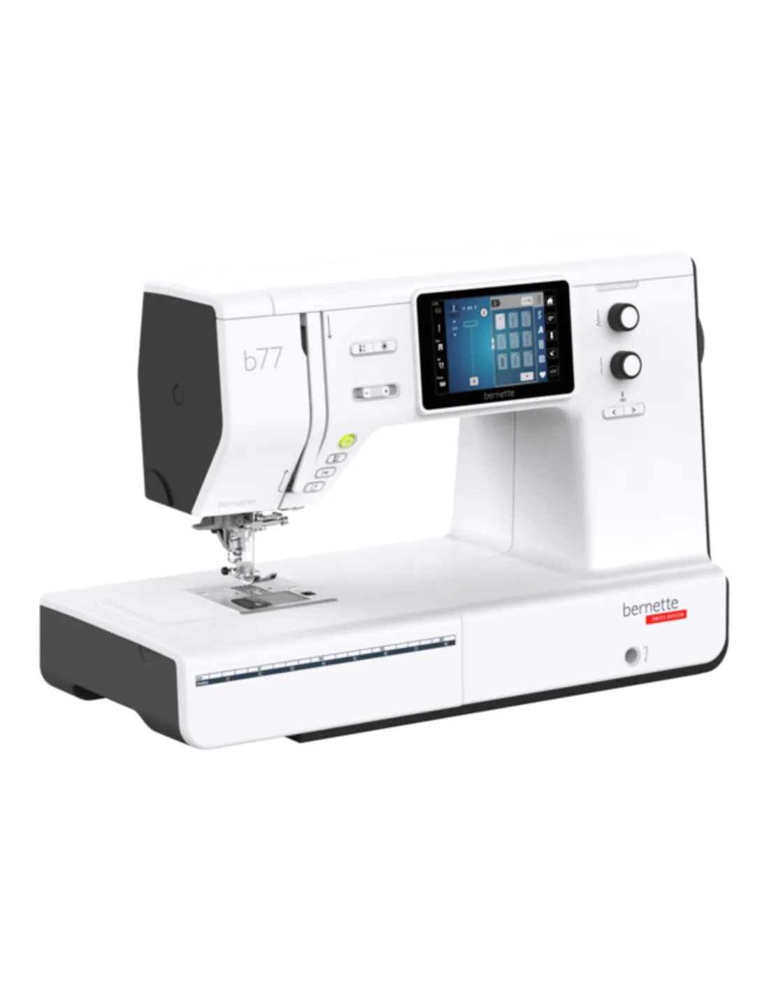 Een moderne witte Bernette b77 naaimachine met digitaal touchscreen en knoppen tegen een witte achtergrond.