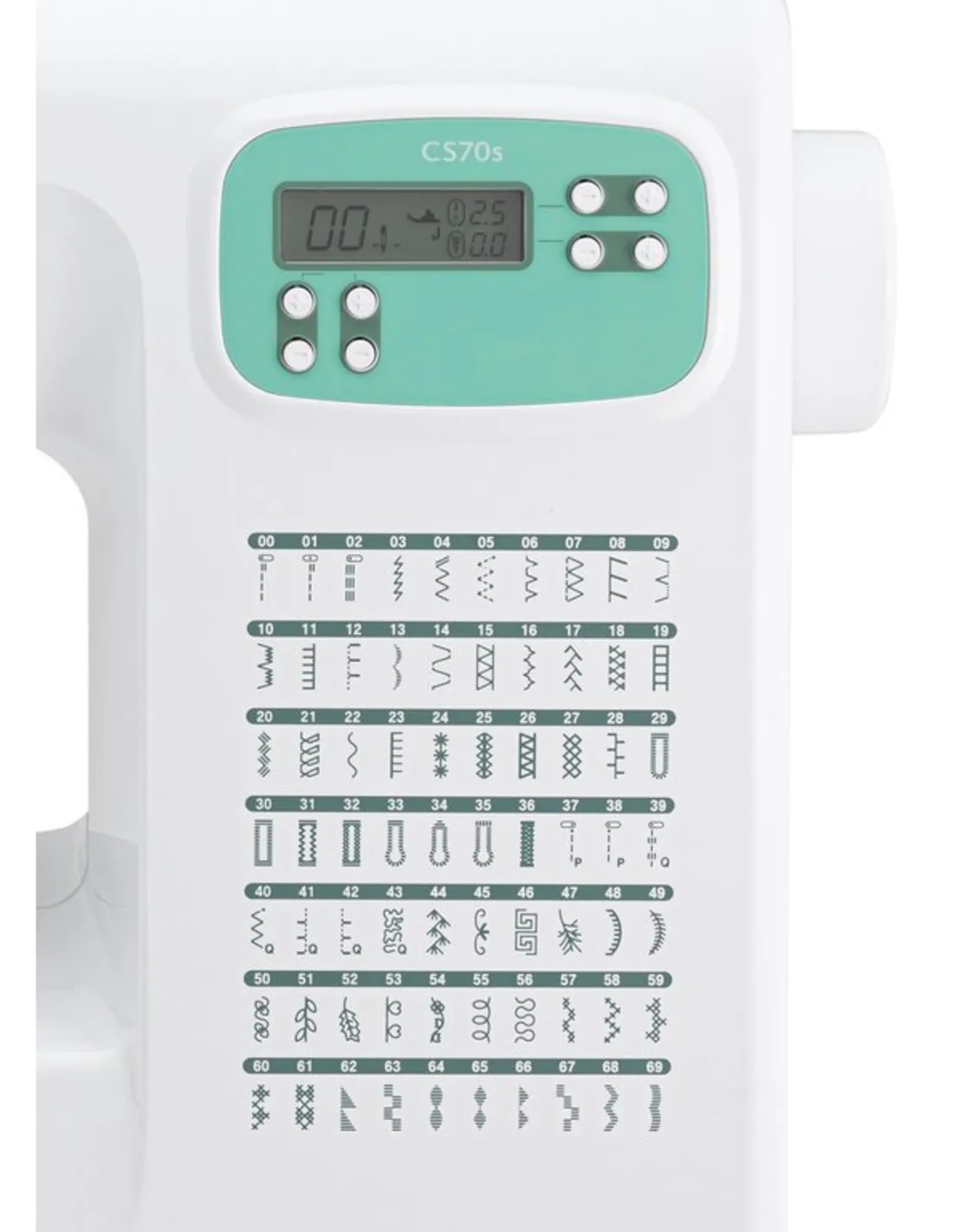 White sewing machine panel with digital display, green accents, and a numbered stitch pattern chart.