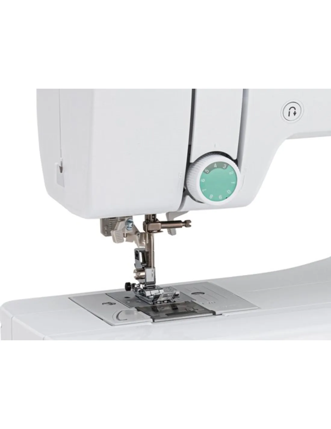 Close-up of a white sewing machine needle area with a teal dial and metal presser foot.