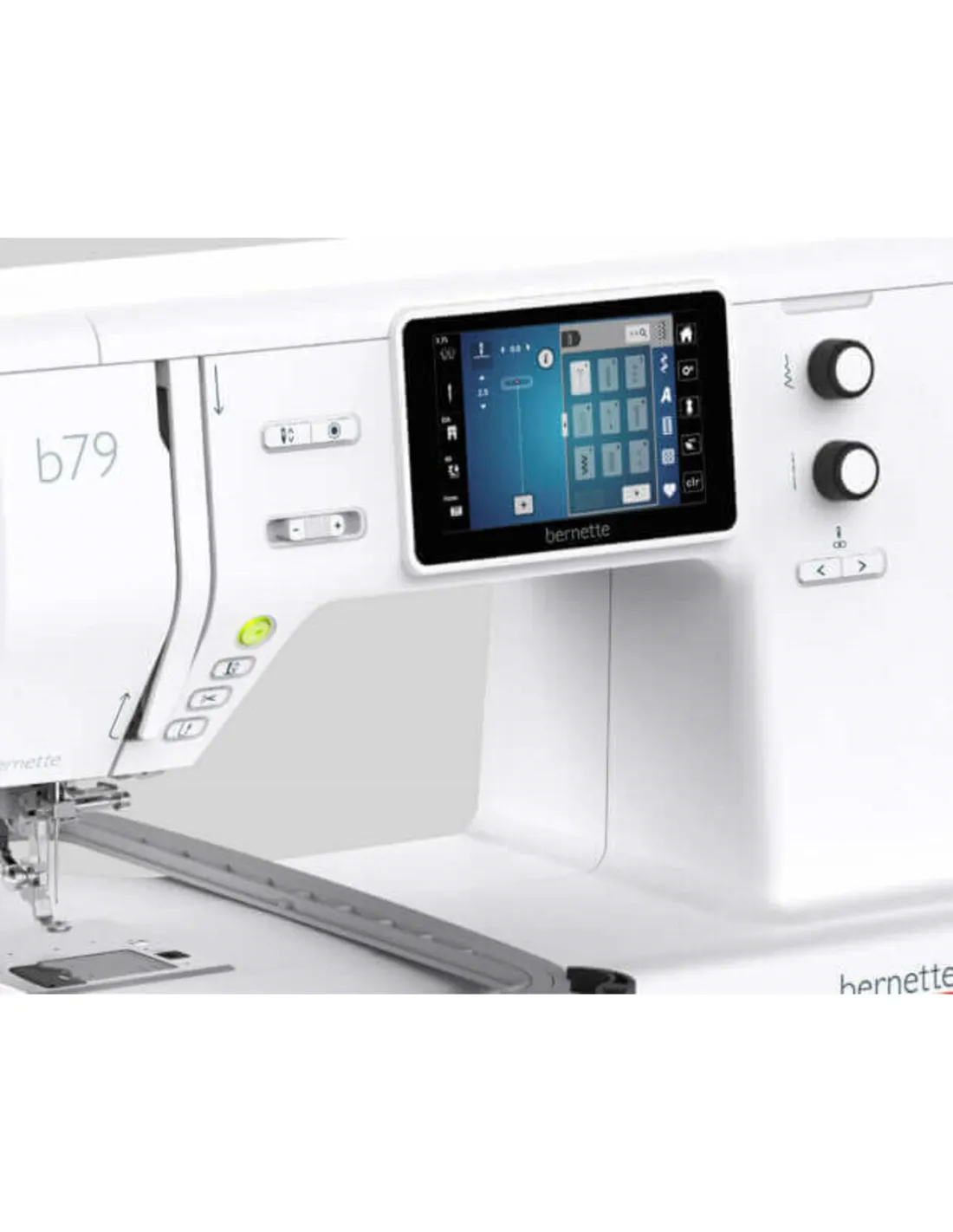 Nahaufnahme einer weißen Bernette b79 Näh- und Stickmaschine mit Digital-Touchscreen und Reglern.