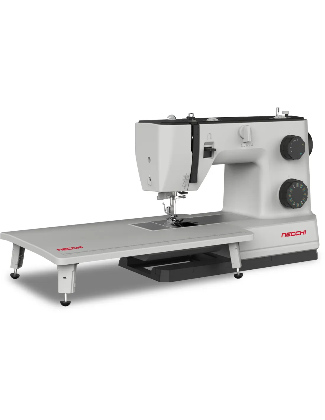 A grey Necchi sewing machine with a large extension table on a white background.