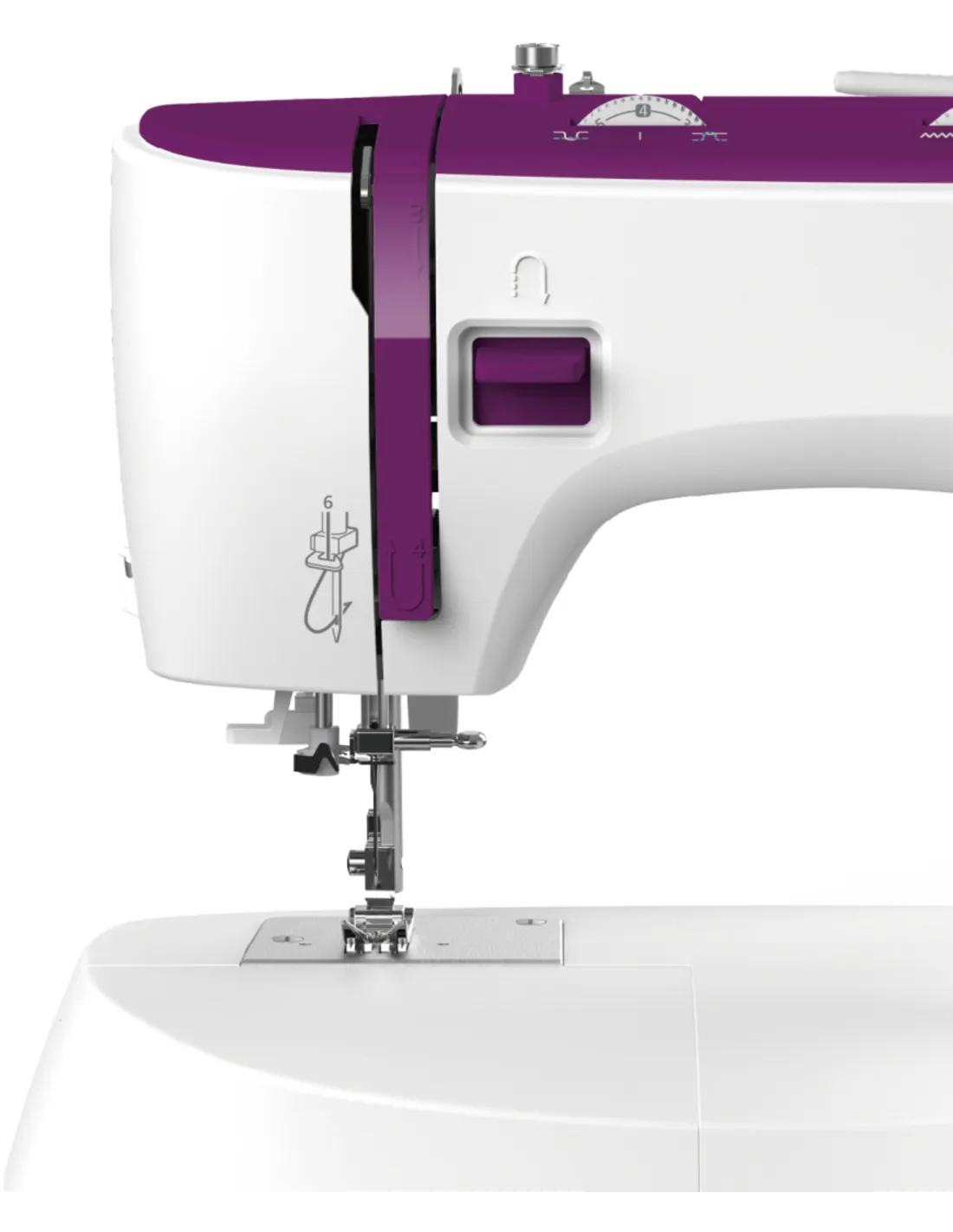 Close-up of a white and purple sewing machine with needle and presser foot on a white background.