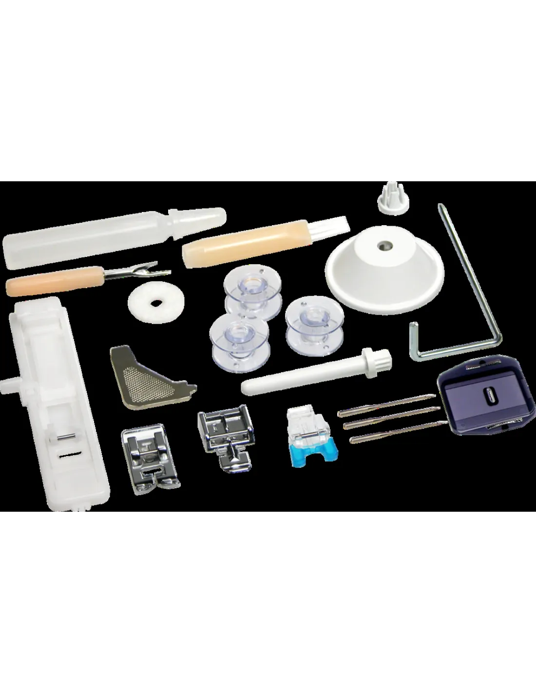 An assortment of sewing machine accessories, including bobbins, presser feet, needles, and a seam ripper on black.