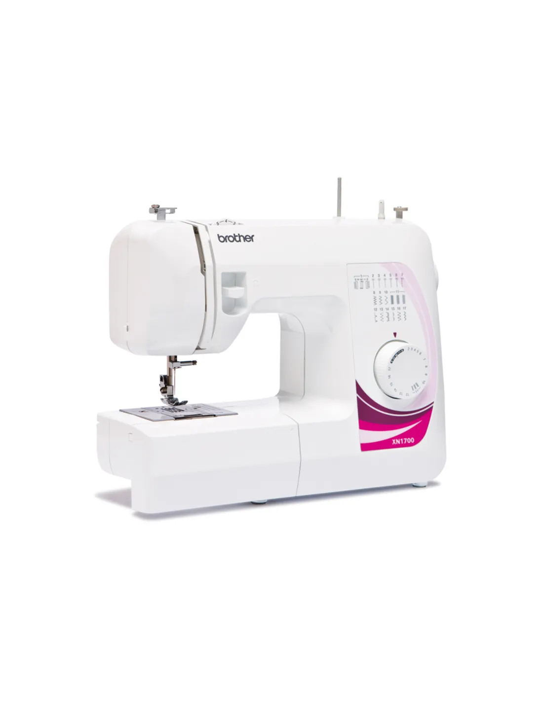 Una máquina de coser Brother blanca con detalles rosas y una rueda grande en una superficie clara.