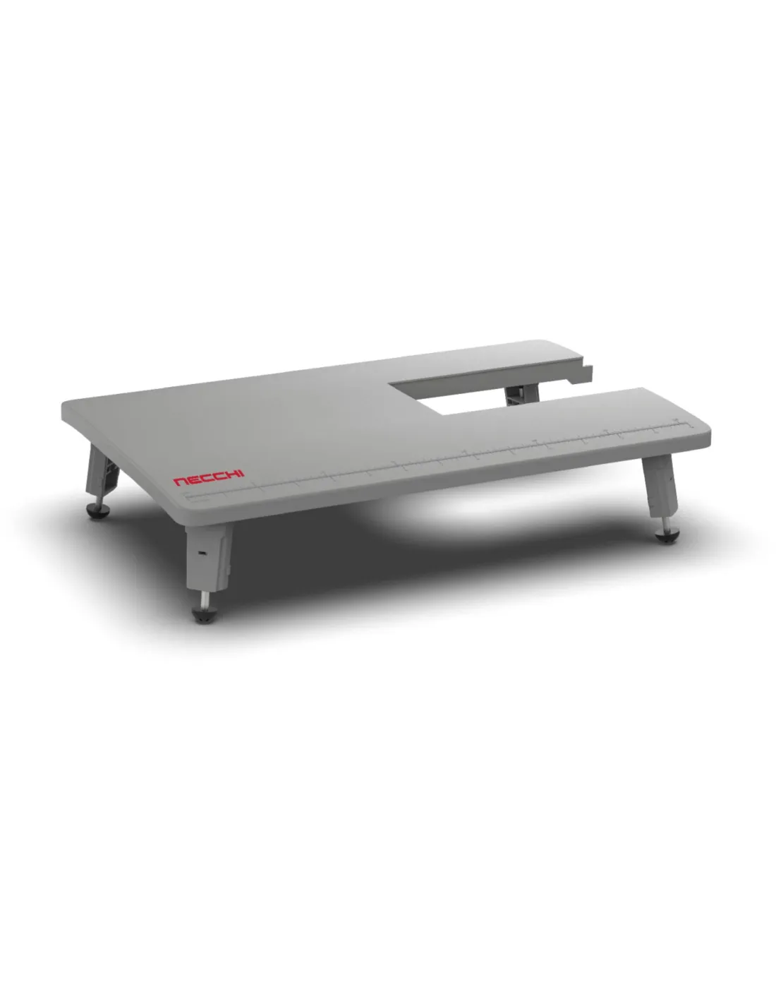Grey Necchi sewing machine extension table with measurement markings and four adjustable legs.