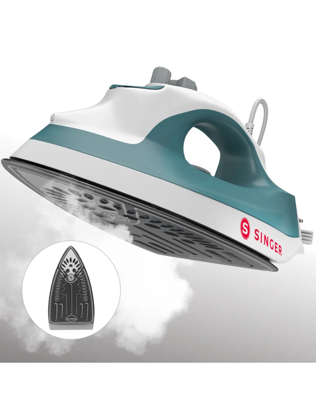 Un ferro da stiro a vapore Singer bianco e verde acqua fluttua sul vapore, con la piastra in evidenza.