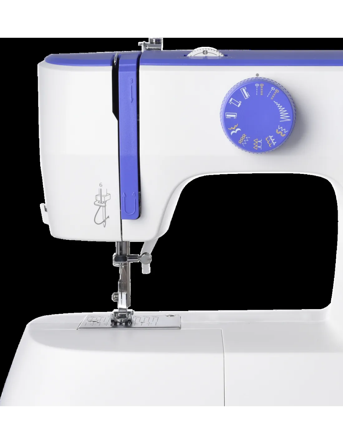 A white sewing machine with blue accents, featuring a stitch selection dial and needle.