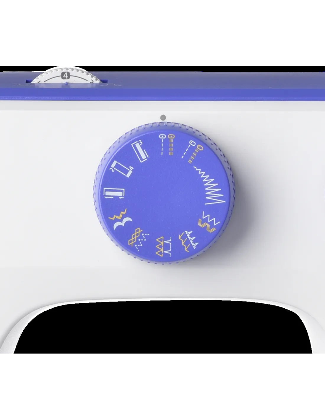 A blue stitch selection dial on a white sewing machine, showing various stitch patterns.