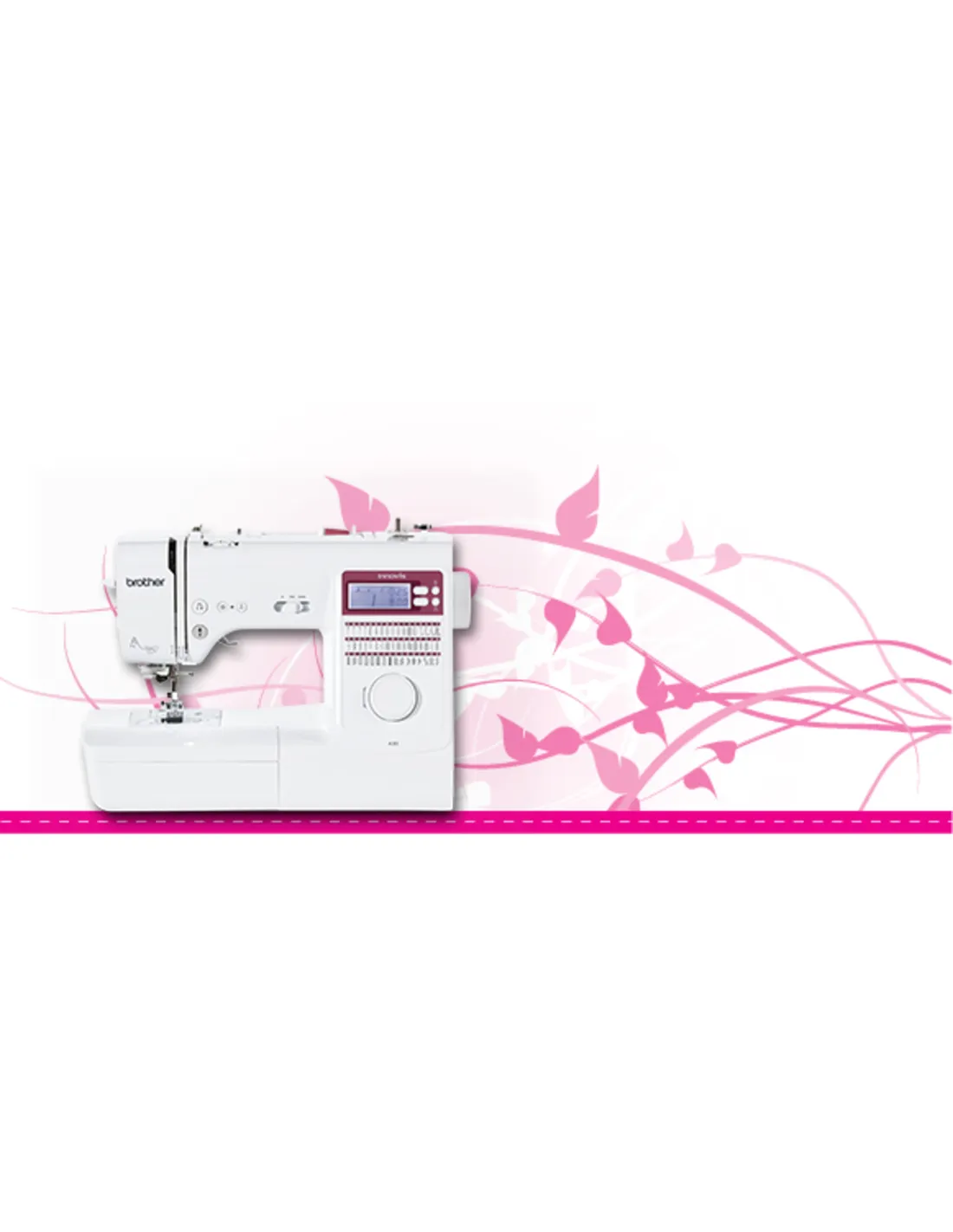Una macchina da cucire Brother bianca su sfondo bianco con grafica floreale rosa.