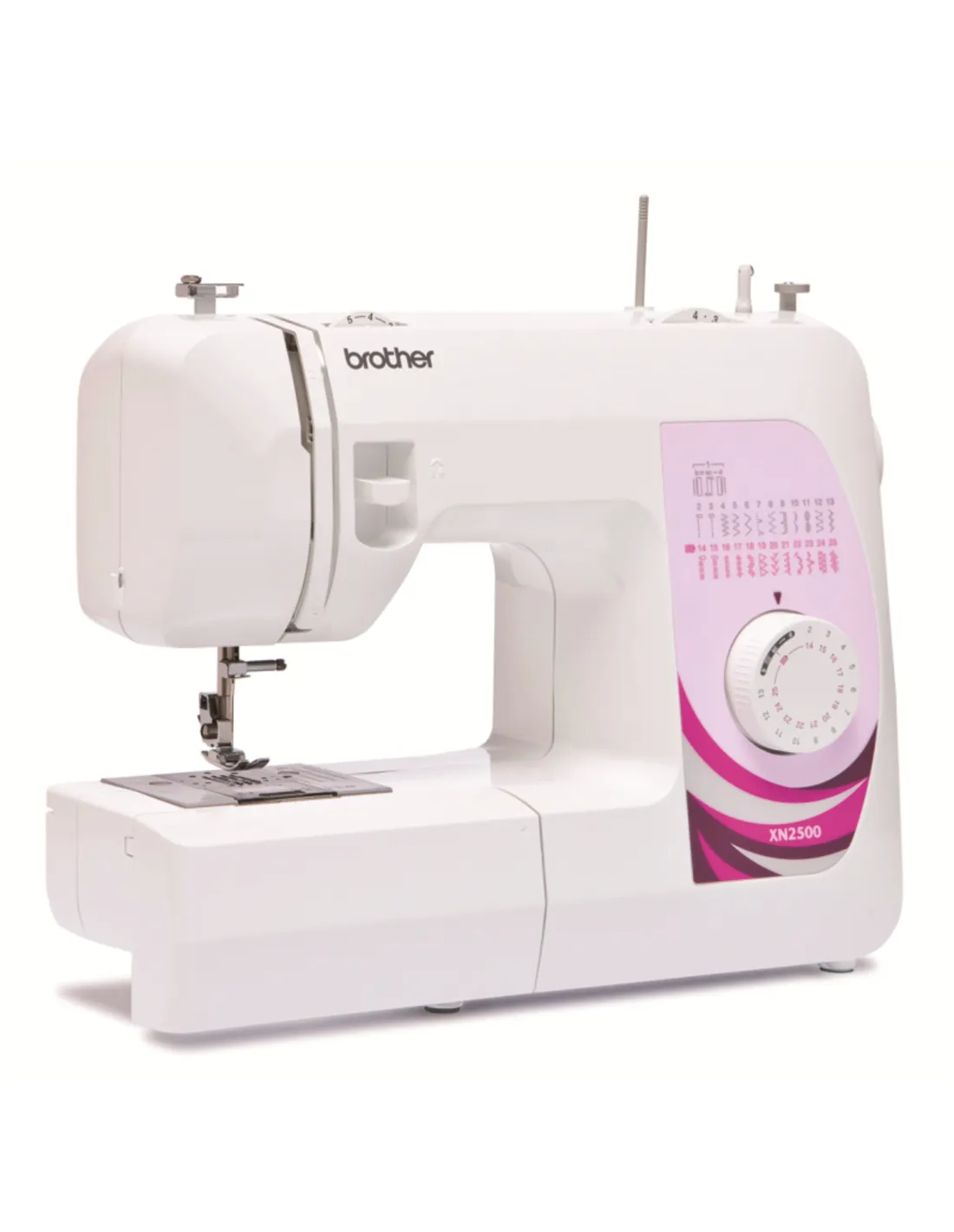 Máquina de coser blanca Brother XN2500 con detalles en rosa sobre fondo blanco.