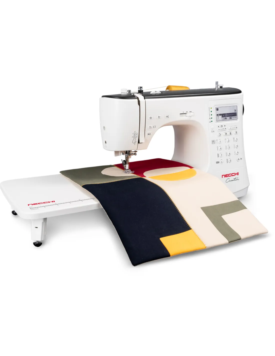 A white Necchi sewing machine with an extension table and a geometric fabric piece on a white background.
