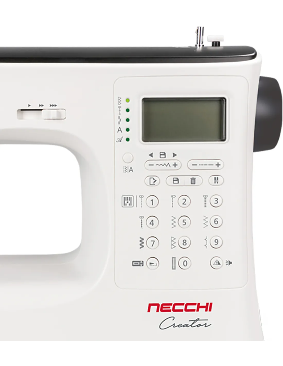 Close-up of a white Necchi sewing machine with a digital display and control buttons on the front panel.