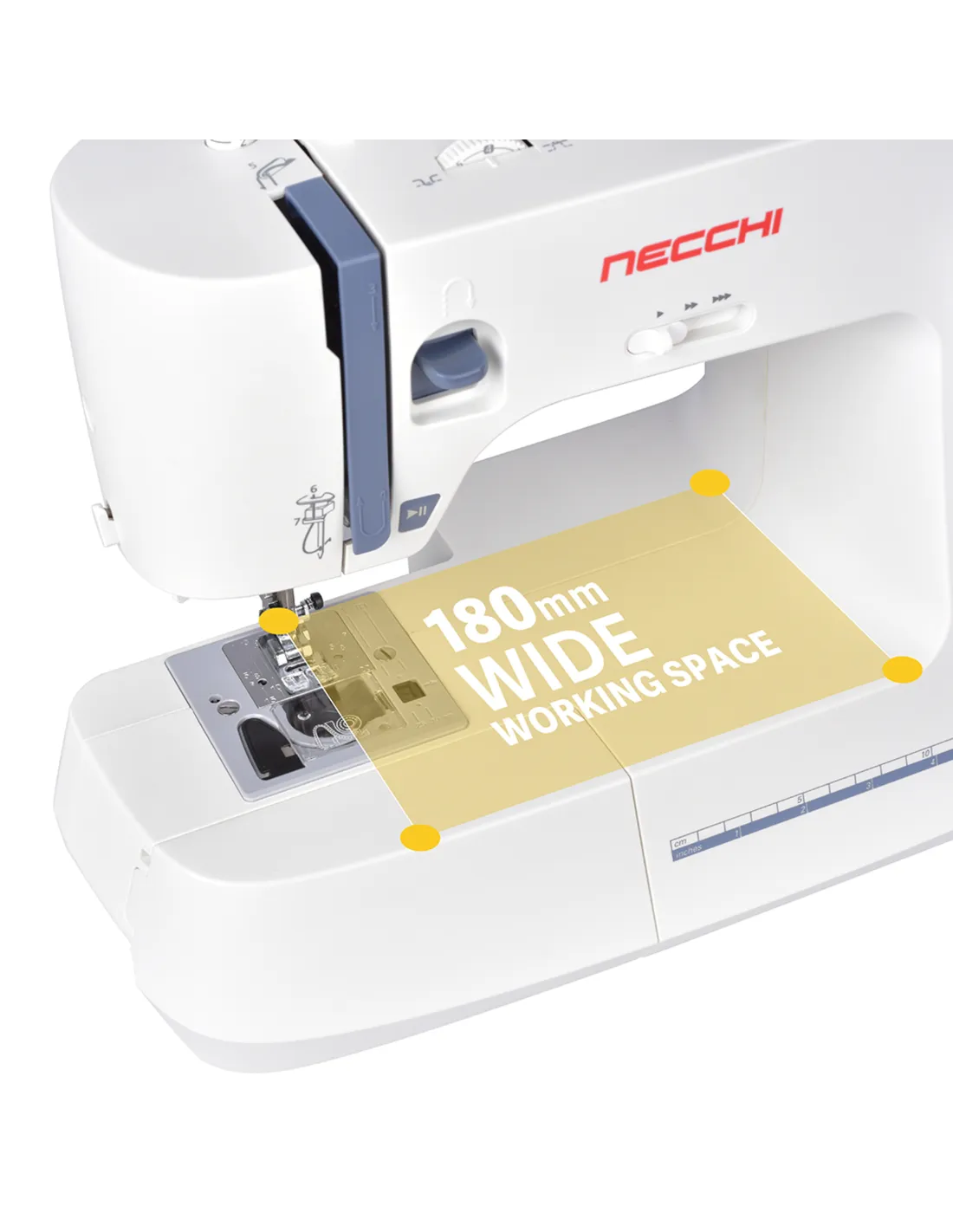 White Necchi sewing machine highlighting a yellow 180mm wide working space.