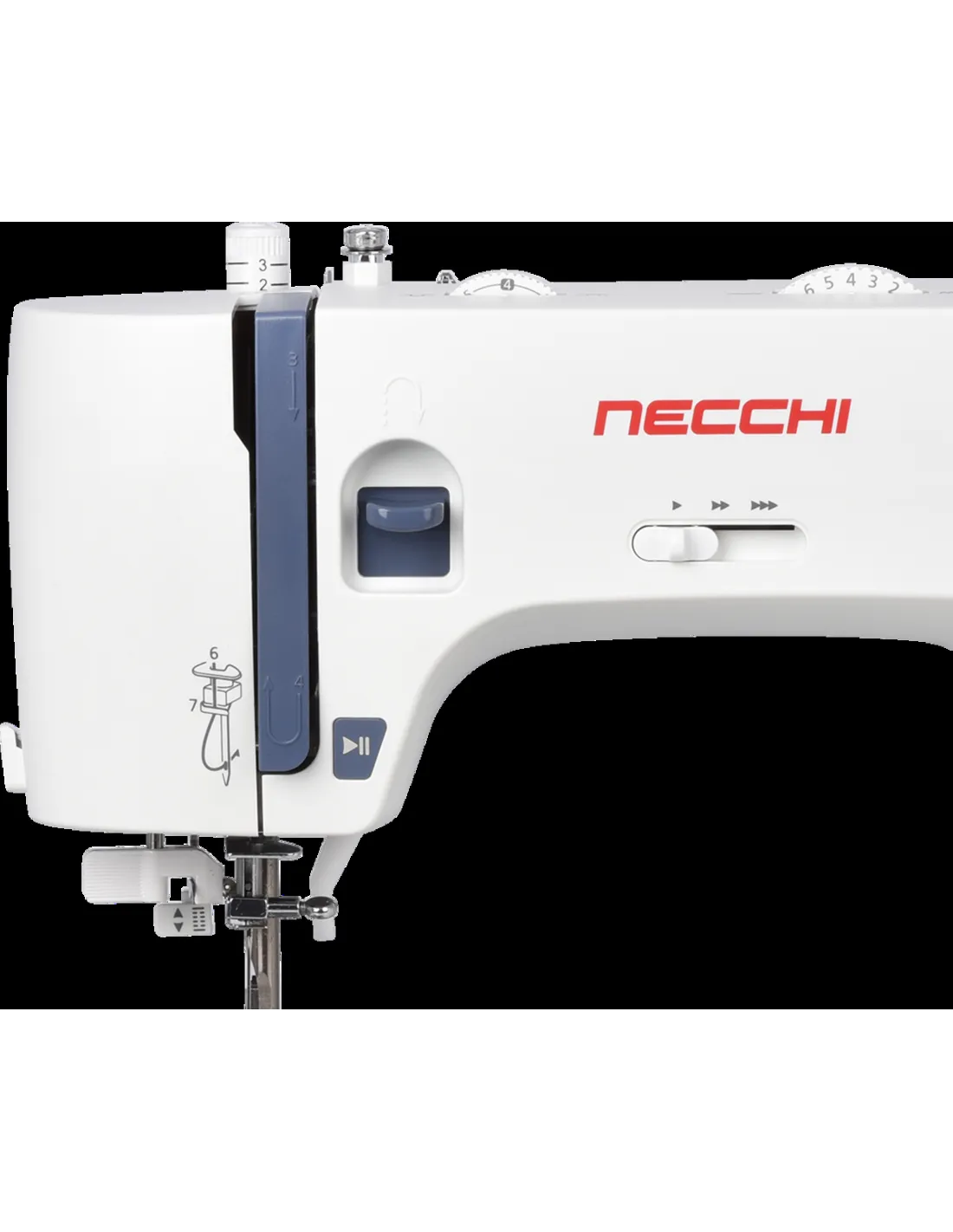 Close-up of a white Necchi sewing machine with blue controls and the red brand logo on a solid black background.