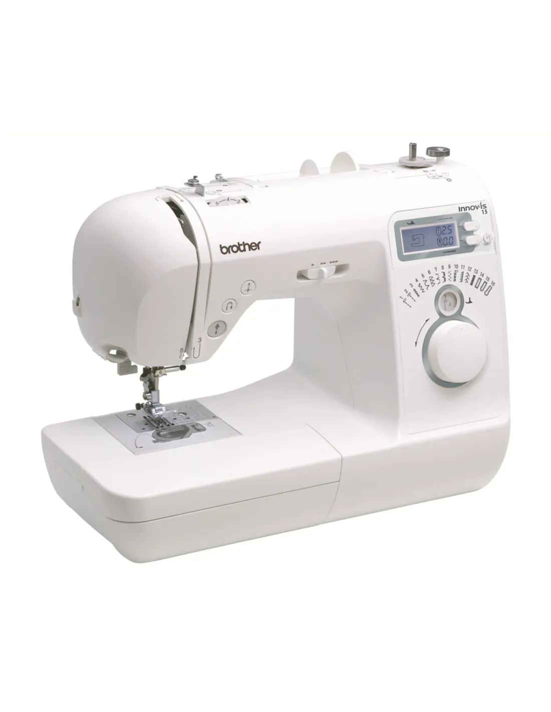 A white Brother Innov-is 15 sewing machine with a digital display and stitch selection dial.