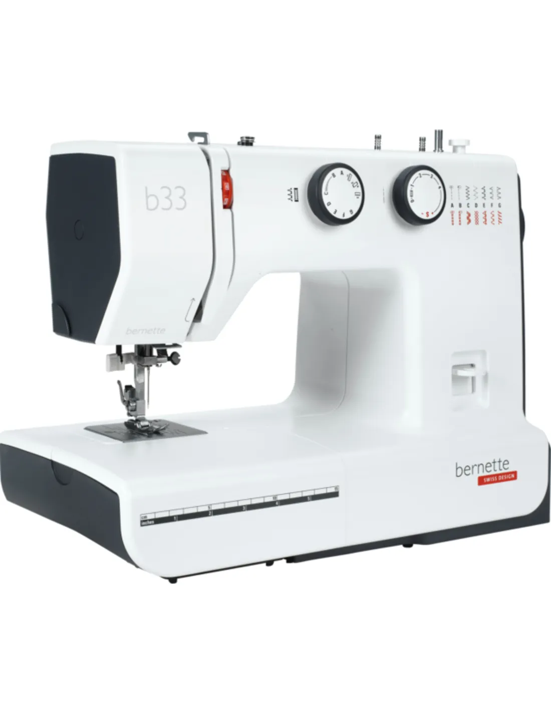 Een witte Bernette b33 naaimachine met zwarte details tegen een witte achtergrond.
