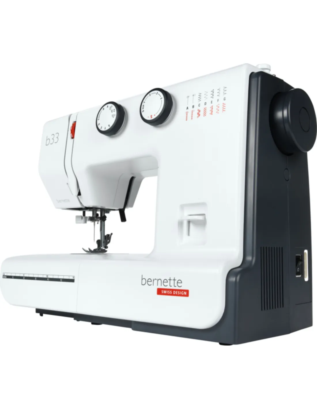 Een witte en donkergrijze bernette naaimachine tegen een witte achtergrond.
